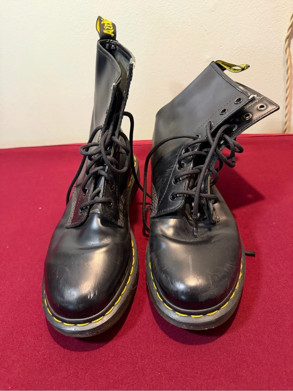 Dr. Martens Black Leather Lace-Up Boots with Yellow Stitching us 9